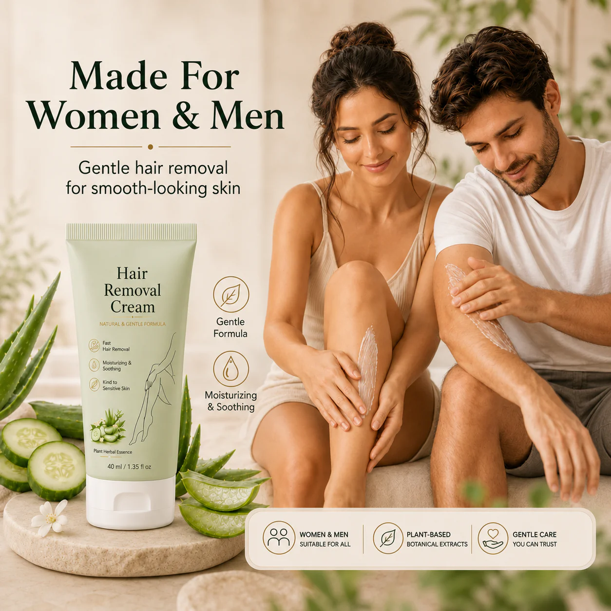 Natural Gentle Hair Removal Cream | For Women & Men, Sensitive Skin
