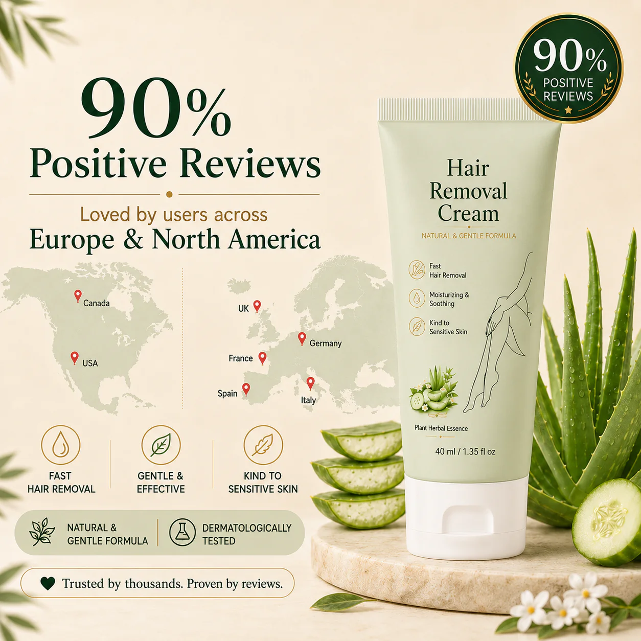 Natural Gentle Hair Removal Cream | For Women & Men, Sensitive Skin
