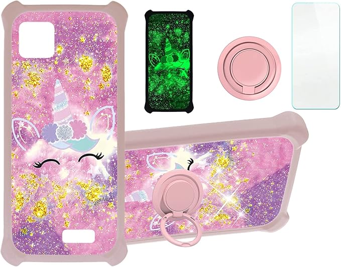 Phone Case [with Tempered Glass Screen Protector][Hard PC + Soft Silicone][Gold Glitter + Luminous]