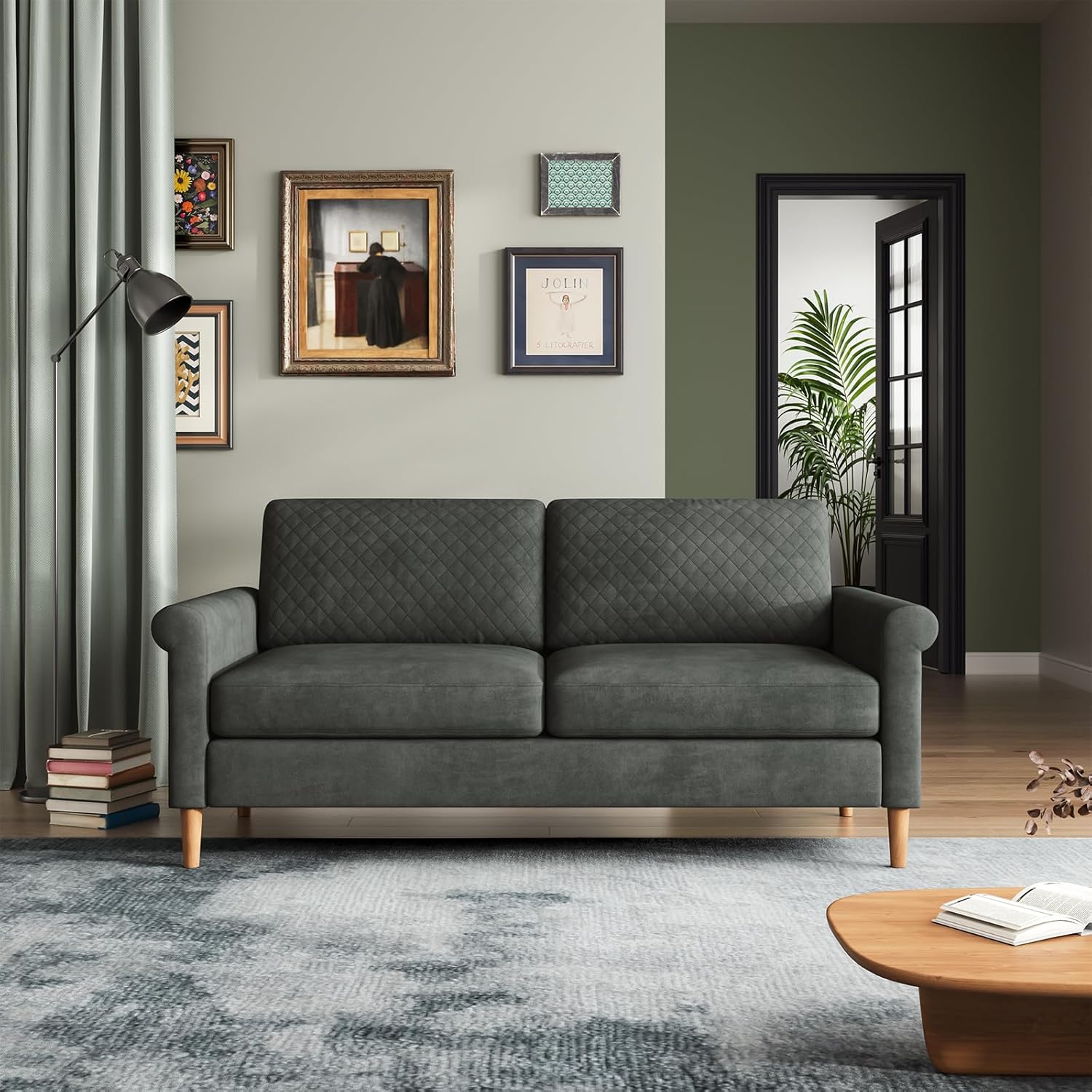 165cm Light Gray Loveseat, Comfy Mid-Century Modern 2-Seat Sofa, No-Tool Assembly Small Couch for Living Room & Bedroom