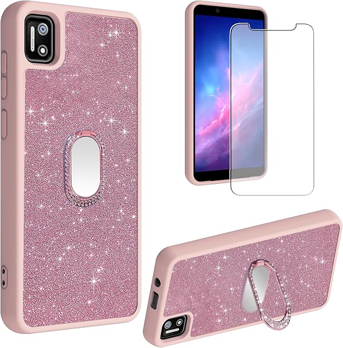 Leather Phone Case [with Tempered Glass Screen Protector] [360-Degree Rotating Ring Support]