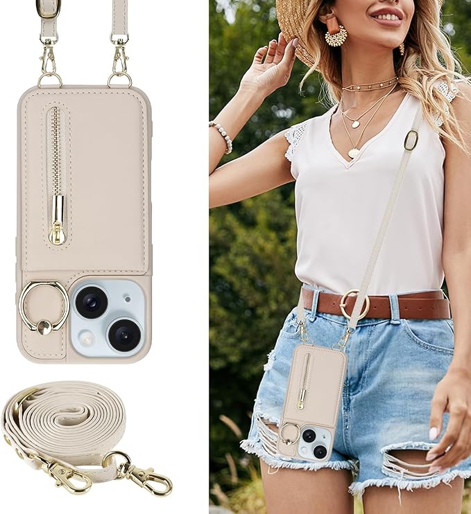 Crossbody Wallet Case with Lanyard Strap, Card Slot Holder, RFID Blocking Ring, Kickstand, Magnetic Flap Zipper Wallet Case, PU Leather Case Handbag, Beige
