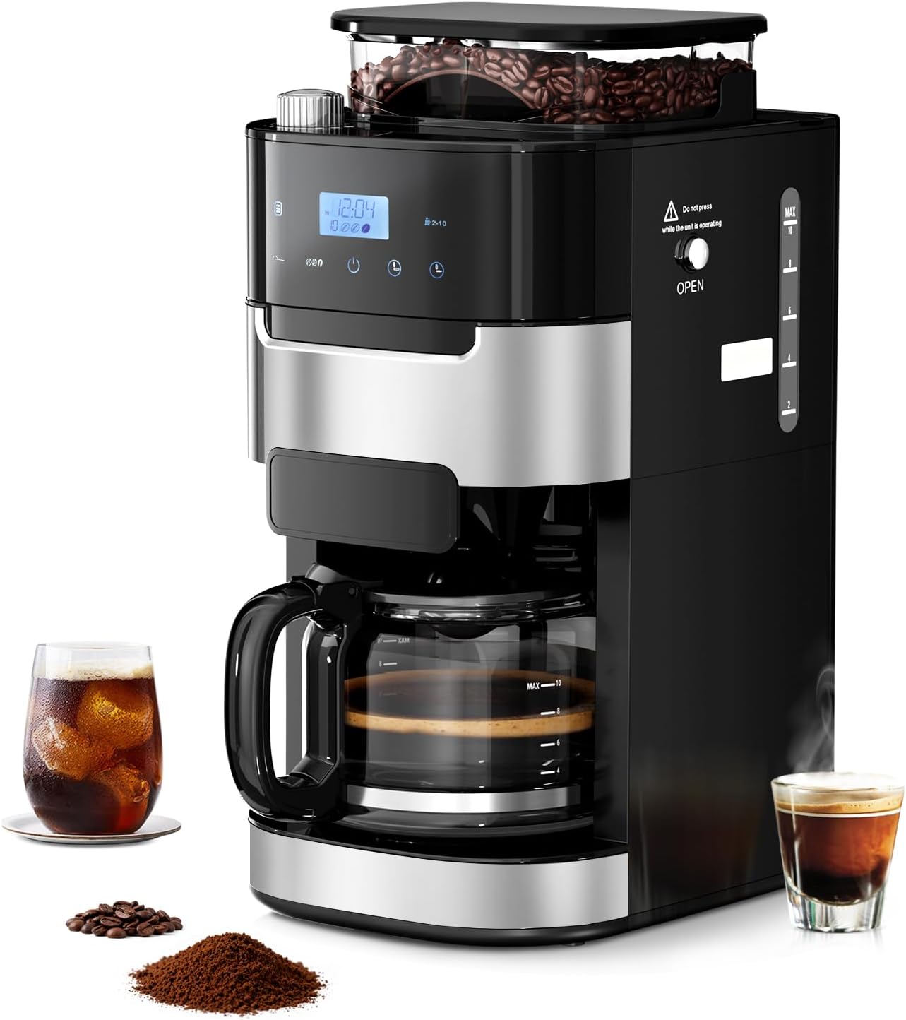 Drip Coffee Maker with Grinder Built In, 10-Cup Grind and Brew Coffee Machine, Programmable with Brew Strength, Permanent Filter, Glass Carafe, 50oz Water Reservoir, Ideal for Home/Office, Black