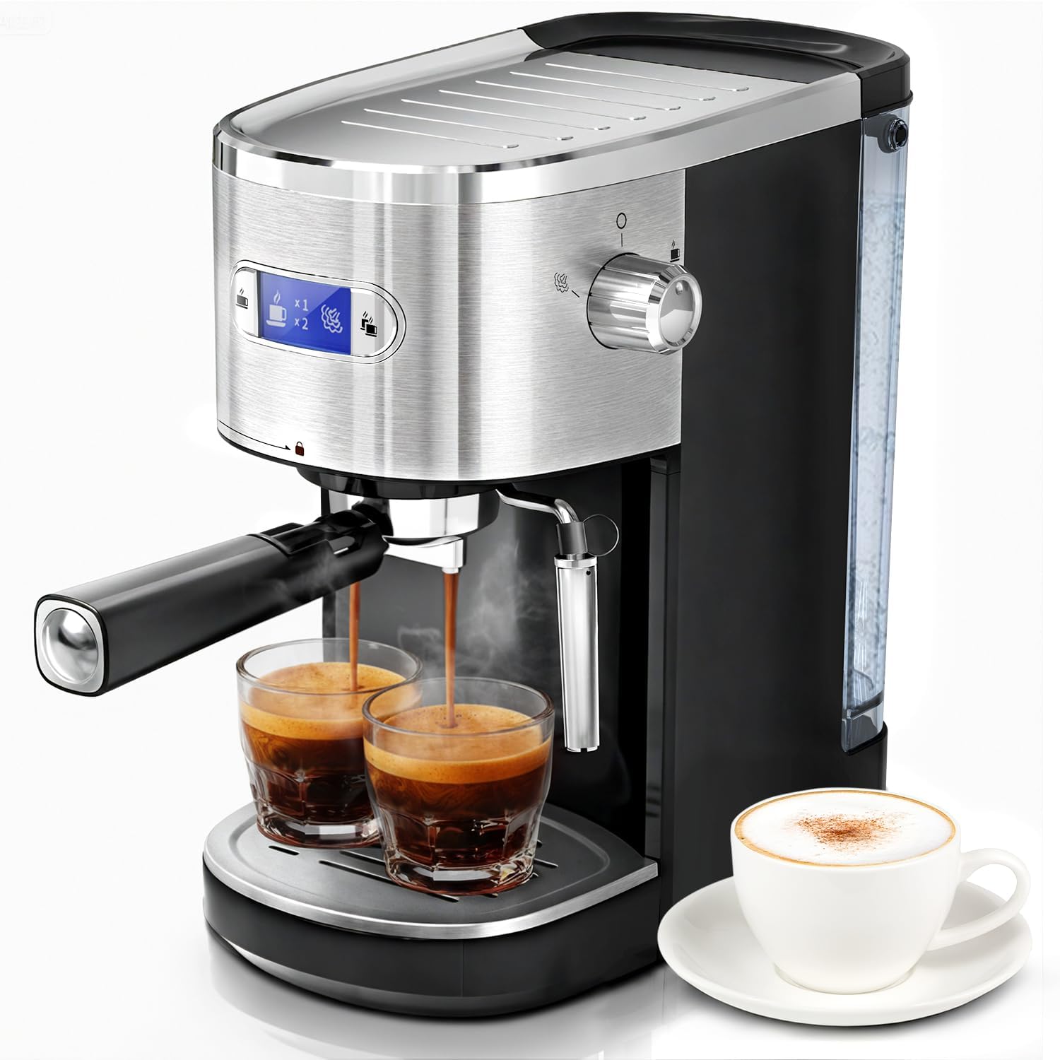 20 Bar Espresso Machine Semi-Automatic, Professional Coffee Maker with Milk Frother Steam Wand & 45OZ Removable Water Tank, Home Barista System for Cappuccino, Latte, Americano-Stainless Steel