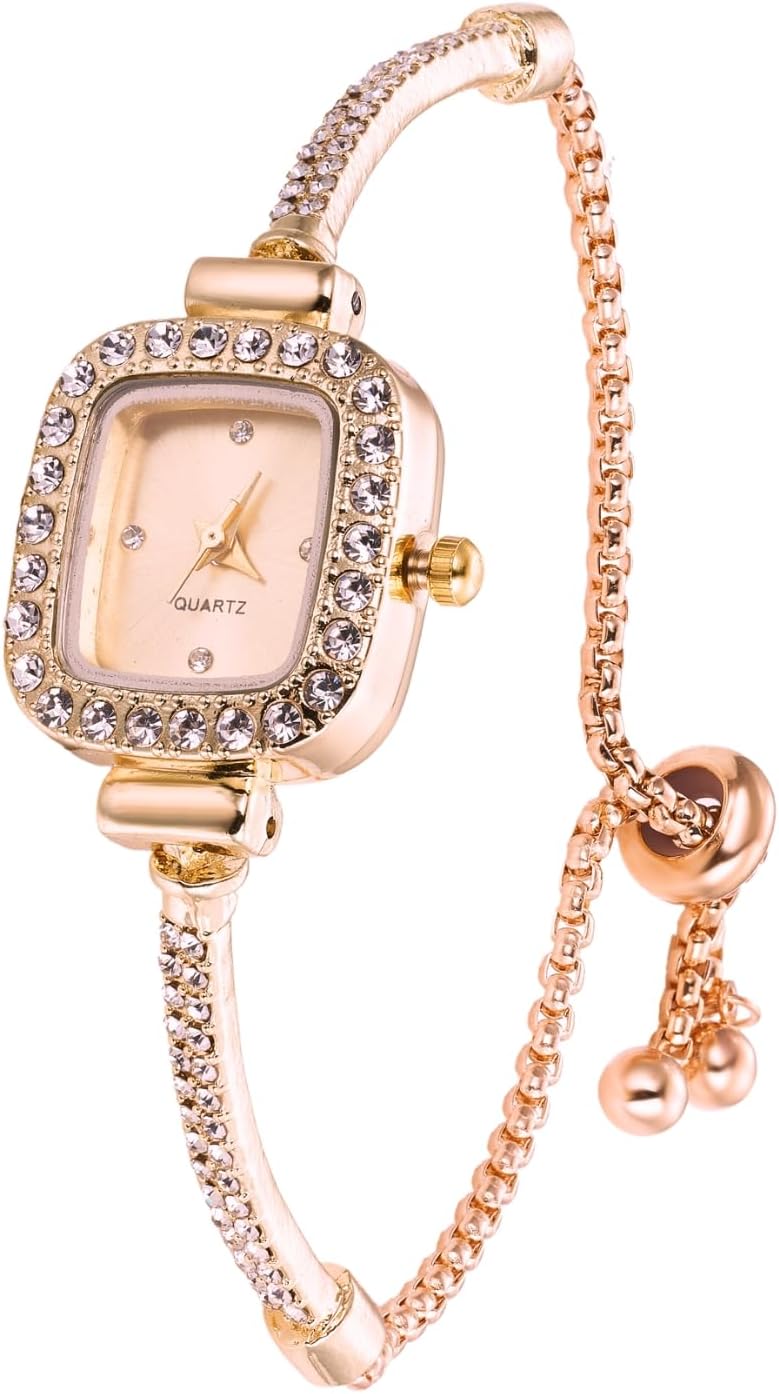 Women's Sparkling Diamond Watch - 18k Real Gold/Platinum/Rose Gold Plated, Adjustable Size Bracelet, Multicolor Square Dial - Quartz Stainless Steel Wristwatch - Gifts for Fashionable Women